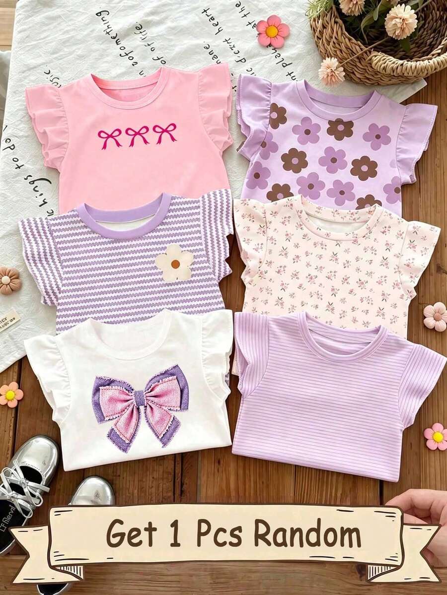 SHEIN (Patrón aleatorio, 1 pieza aleatoria) Camiseta corta básica de manga de mariposa con lazo fresco y lindo, patrón floral y a rayas, cómoda para uso diario en verano para niñas - Rosa - Ver 1