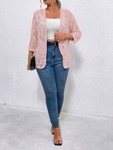 Elenzga Cardigan de encaje transparente de unicolor talla grande - Rosa - Ver 4