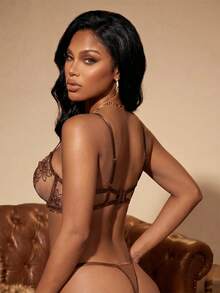 Bare Chapter French Style Romantic Embroidery Sexy Lingerie Set, Sophisticated 2 Pieces Set - Coffee Brown - View 2