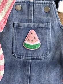 SHEIN Vintaside Kids 1件女嬰藍色牛仔休閒可愛刺繡花卉吊帶連身褲，適合外出與派對 - 粉色 - 查看 6