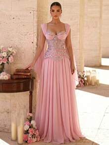 Glamrae Elegant Romantic Luxurious Graceful Grass Green Multicolor Iridescent Lace Sequin Fabric Chiffon Patchwork, Pleated Oversized Skirt, Suitable For Vacation, Wedding Events, Bachelorette Party, Ball Gown, Formal Evening Dress (Heavy Workmanship Style) - Dusty Pink - View 1