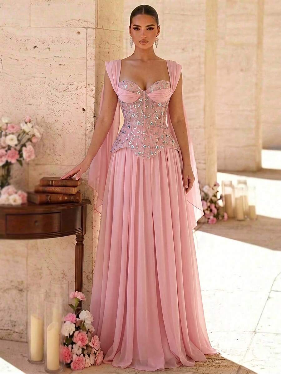 Glamrae Elegant Romantic Luxurious Graceful Grass Green Multicolor Iridescent Lace Sequin Fabric Chiffon Patchwork, Pleated Oversized Skirt, Suitable For Vacation, Wedding Events, Bachelorette Party, Ball Gown, Formal Evening Dress (Heavy Workmanship Style) - Dusty Pink - View 1