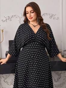 Modelyn Elegant Polka Dot Print V-Neck Long Sleeve Cinched Waist A-Line Regular Fit Plus Size Dress For Spring And Autumn Fall - Black - View 1