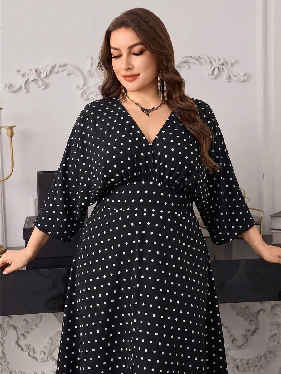 Modelyn Elegant Polka Dot Print V-Neck Long Sleeve Cinched Waist A-Line Regular Fit Plus Size Dress For Spring And Autumn Fall - Black - View 1