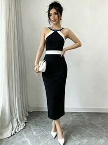 SHEIN Raffinéa Vestido de mujer con cuello halter, bloques de color y decoración de perlas falsas - Blanco y Negro - Ver 7