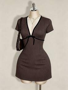 SHEIN ICON 大尺碼夏季休閒條紋修身洋裝 - 棕色 - 查看 3