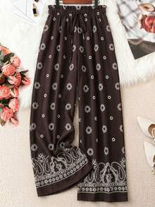 EMERY ROSE Pantalones anchos y sueltos con cintura con volantes y estampado floral para mujer de talla grande - Multicolor - Ver 1