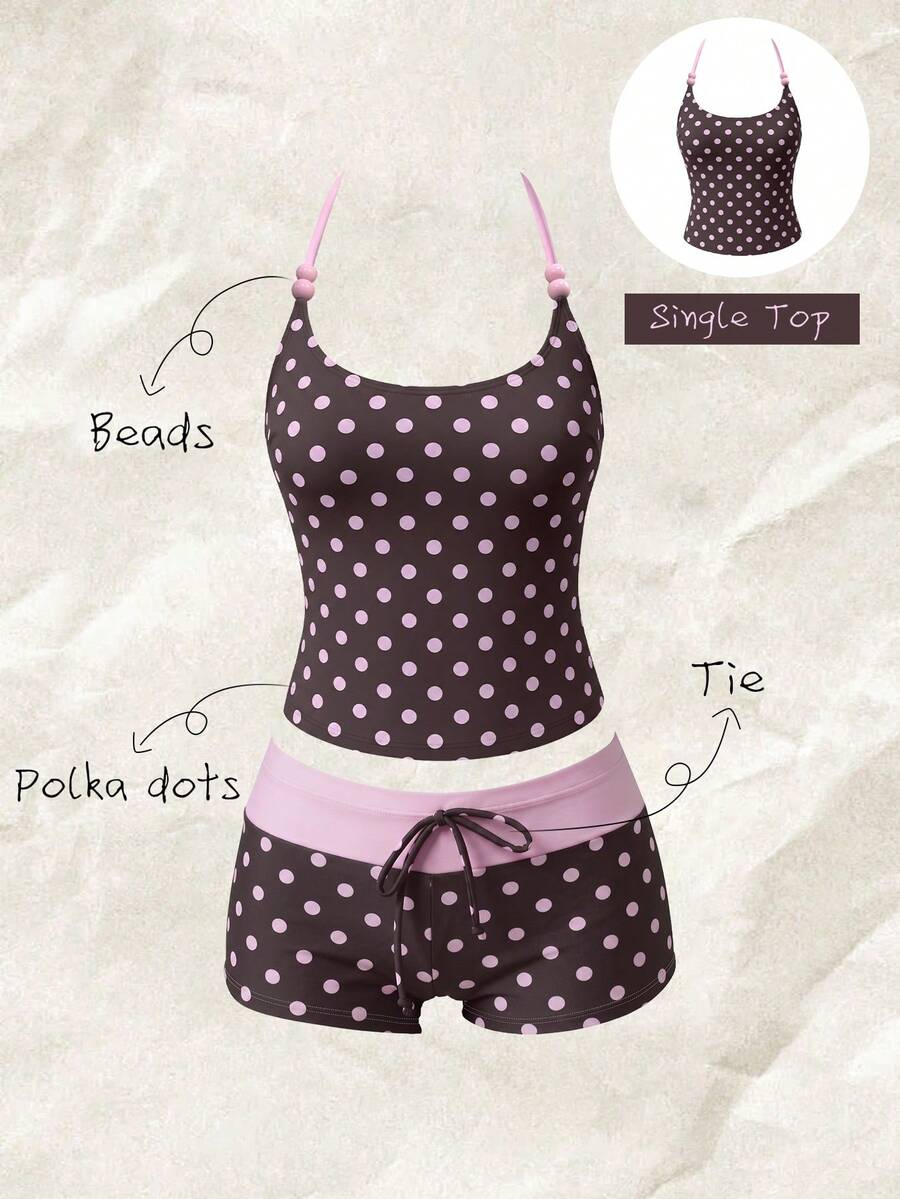 Elavelle Conjunto de bikini para mujer con estampado aleatorio, cuello halter y decoración de lazo, primavera/verano - Multicolor - Ver 1
