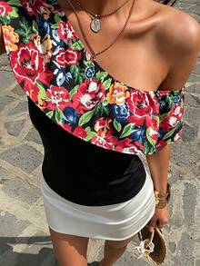 Flora Isola Flora Isola Women's Summer V-Neck Floral Embroidery Hollow Ruffle Cap Sleeve Cinched Waist Casual Boho Sexy Blouse Vacation Night Out Black - Black - View 5
