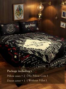 HARRY POTTER X SHEIN 3件組 The Marauder's Map 印花三件式被套組，磨毛布料製，柔軟保暖，黑色被套，多種尺寸可選，適用單人床/雙人床/加大床/特大床 - 深灰色 - 查看 7