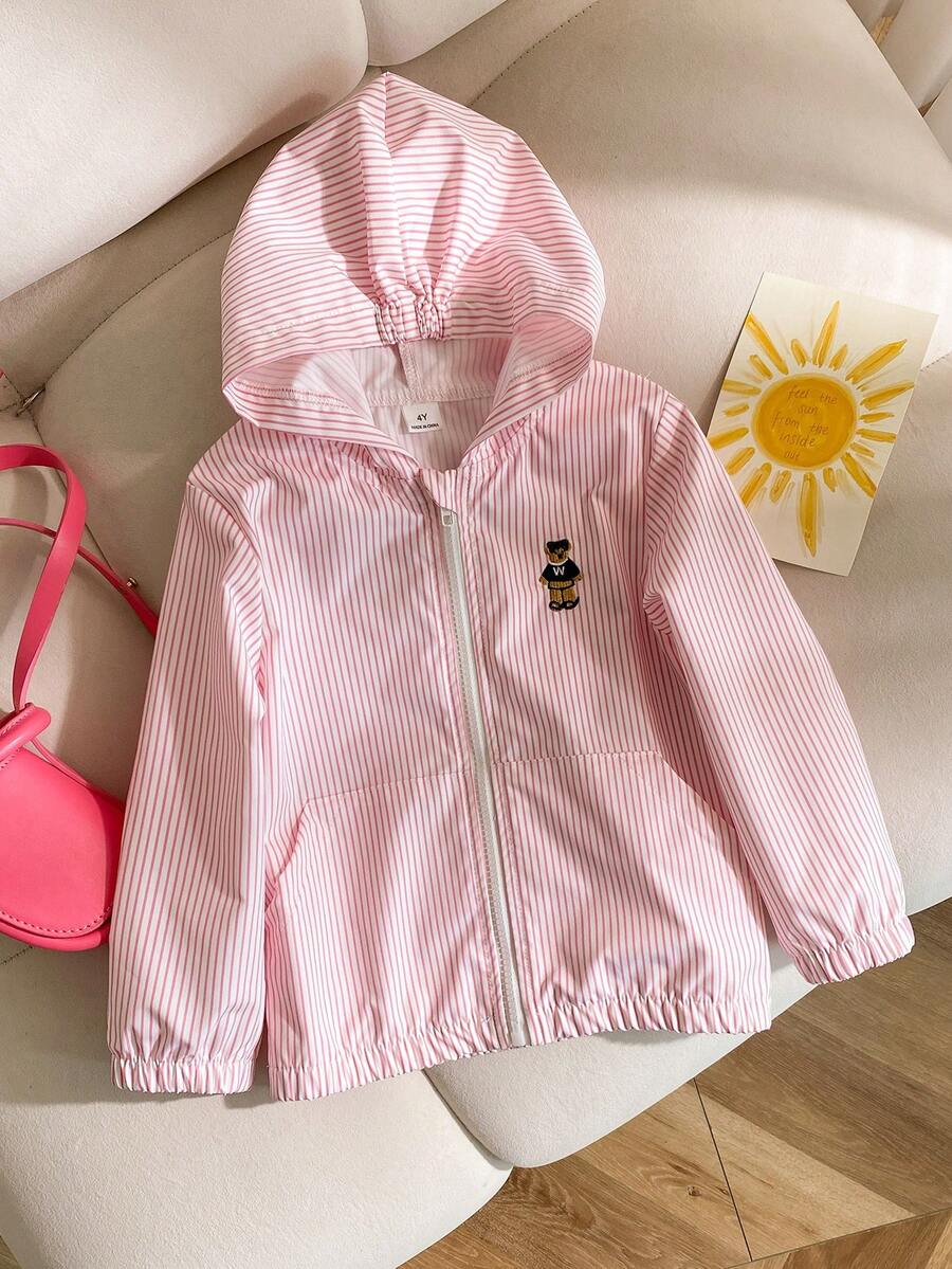Genkimix Kids 女童條紋泰迪熊刺繡拉鍊連帽外套 開學季長袖夾克 秋季