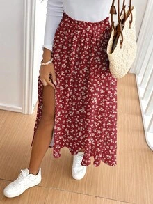 SHEIN Frenchy 女款休閒度假高開衩喇叭裙擺裙，適合夏季、度假、海灘、街頭穿搭，適用於日常通勤、約會、派對、秋冬、夏季、聖誕節、新年、感恩節、派對、婚禮、海灘、畢業典禮，優雅休閒外出穿搭 - 彩色 - 查看 7