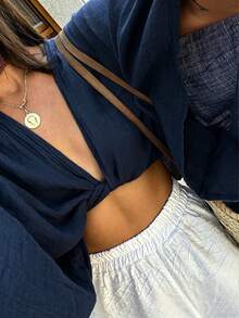 INAWLY Women's Textured Solid Color Front Knot Ruched Cropped Shirt For Vacation - Navy Blue - View 1