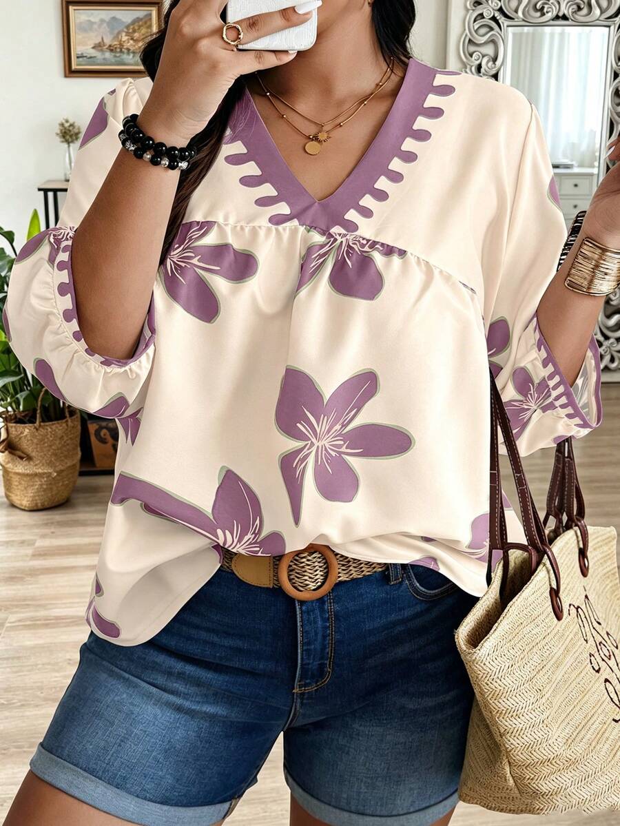 Weeklong Camisa de vacaciones casual con estampado aleatorio talla grande - Rosa vieja - Ver 1