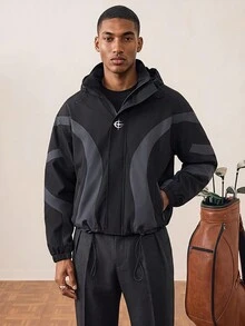 Manfinity Homme 男士街头风新款夹克外套，黑色拼接设计，高街嘻哈风，轻便百搭，INS 同款，适合所有季节日常穿着，户外徒步，科技感十足，白色印花夹克，拉链印花夹克，送给男友/老公的必备礼物，男士街头风，Y2K 复古风，男士短款夹克，男士外套 - 黑色 - 查看 1