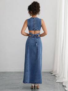 Elenzga Women's Hollow Out Lace-Up Sleeveless Long Denim Dress - Blue - View 2