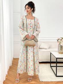 Yasmyna Women's Floral Pattern Flower Bud Trim Loose Fit Traditional Modest Elegant Arabic Long Tunic Formal White Winter Family Christening Guest - Multicolor - View 9