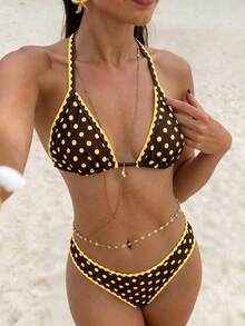 Swim Mod 女款波點印花掛脖綁帶露背兩件式泳衣套裝，適合夏季海灘度假 - 彩色 - 查看 1