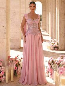 Glamrae Elegant Romantic Luxurious Graceful Grass Green Multicolor Iridescent Lace Sequin Fabric Chiffon Patchwork, Pleated Oversized Skirt, Suitable For Vacation, Wedding Events, Bachelorette Party, Ball Gown, Formal Evening Dress (Heavy Workmanship Style) - Dusty Pink - View 7