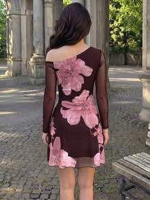 Modelyn 網格印花不對稱單肩百褶優雅性感夏季女款洋裝 - 酒紅色 - 查看 2