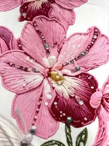 EMERY ROSE 女士花卉蝴蝶刺绣T恤，休闲宽松短袖圆领上衣，饰有串珠细节 - 彩色 - 查看 3