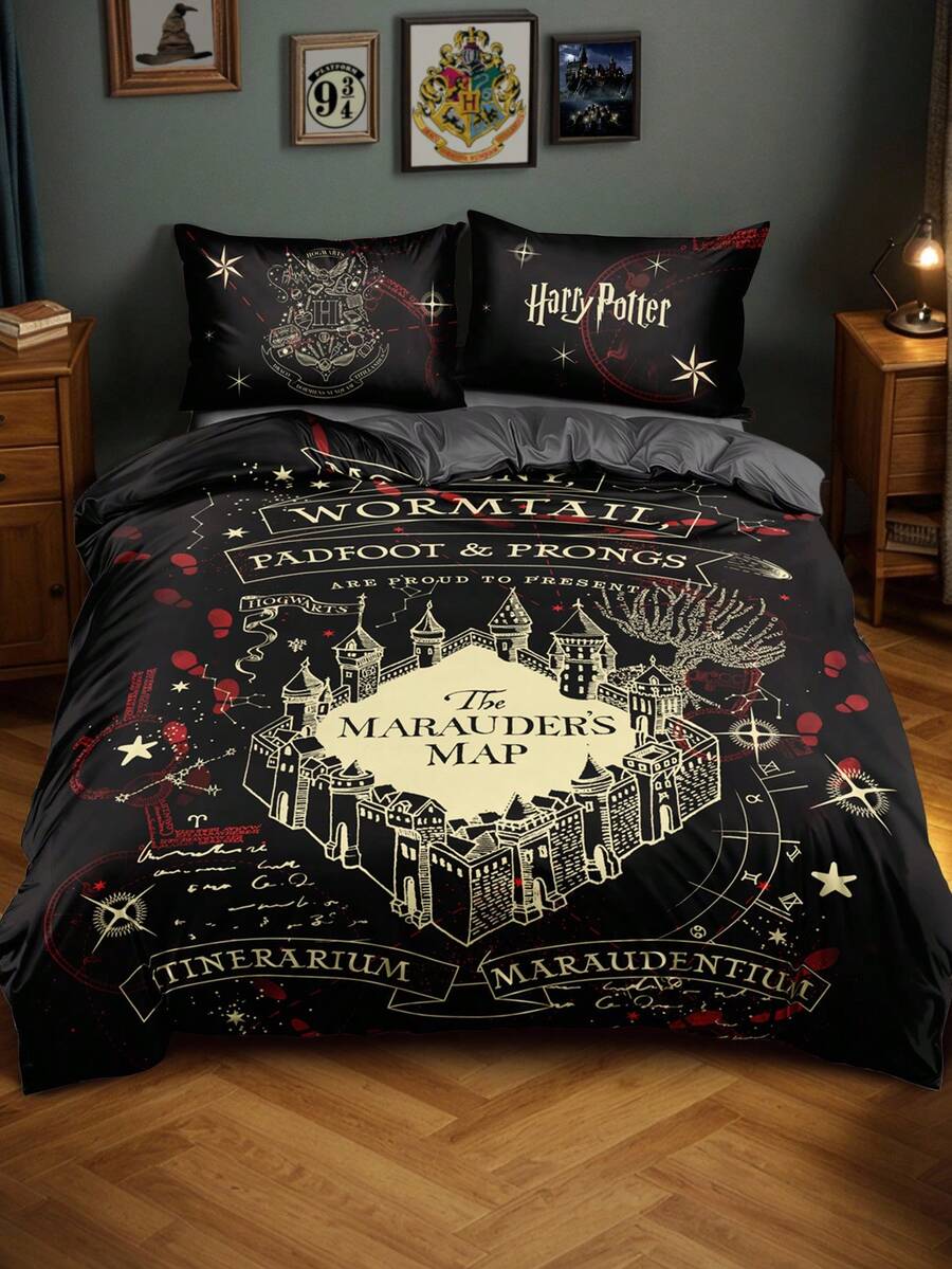 HARRY POTTER X SHEIN 3件組 The Marauder's Map 印花三件式被套組,磨毛布料製,柔軟保暖,黑色被套,多種尺寸可選,適用單人床/雙人床/加大床/特大床 - 深灰色 - 查看 1