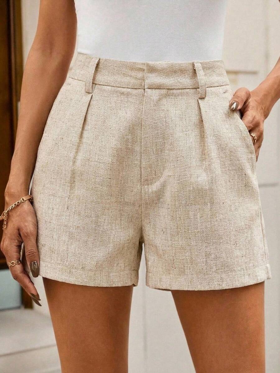 Lavishia Women's Solid Color Shorts With Diagonal Pockets, Belt Not Included Linen Shorts Khaki,Summer - Apricot - View 1
