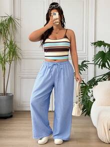 SHEIN EZwear 條紋休閒大尺碼女款長褲 - 藏蓝色 - 查看 4