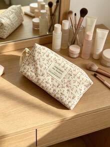 1 Pink Floral Corduroy Makeup Bag – A Multifunctional, Portable, Zippered Organizer Pouch Suitable For Storing Cosmetics, Skincare Products, Lipstick, Makeup Brushes, Hand Cream, Earphones, Coins, Keys, And More. - Multicolor - View 5