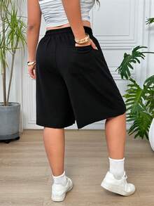 SHEIN EZwear 大尺碼夏季休閒百搭純色短褲 - 黑色 - View 2