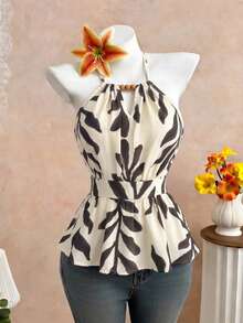 Elenzga Ladies Spring And Summer Vacation Casual Apricot Bottom Leaf Flower Beaded Design Halter Neck Fit Waist Slim Vest Suspender - Multicolor - View 5