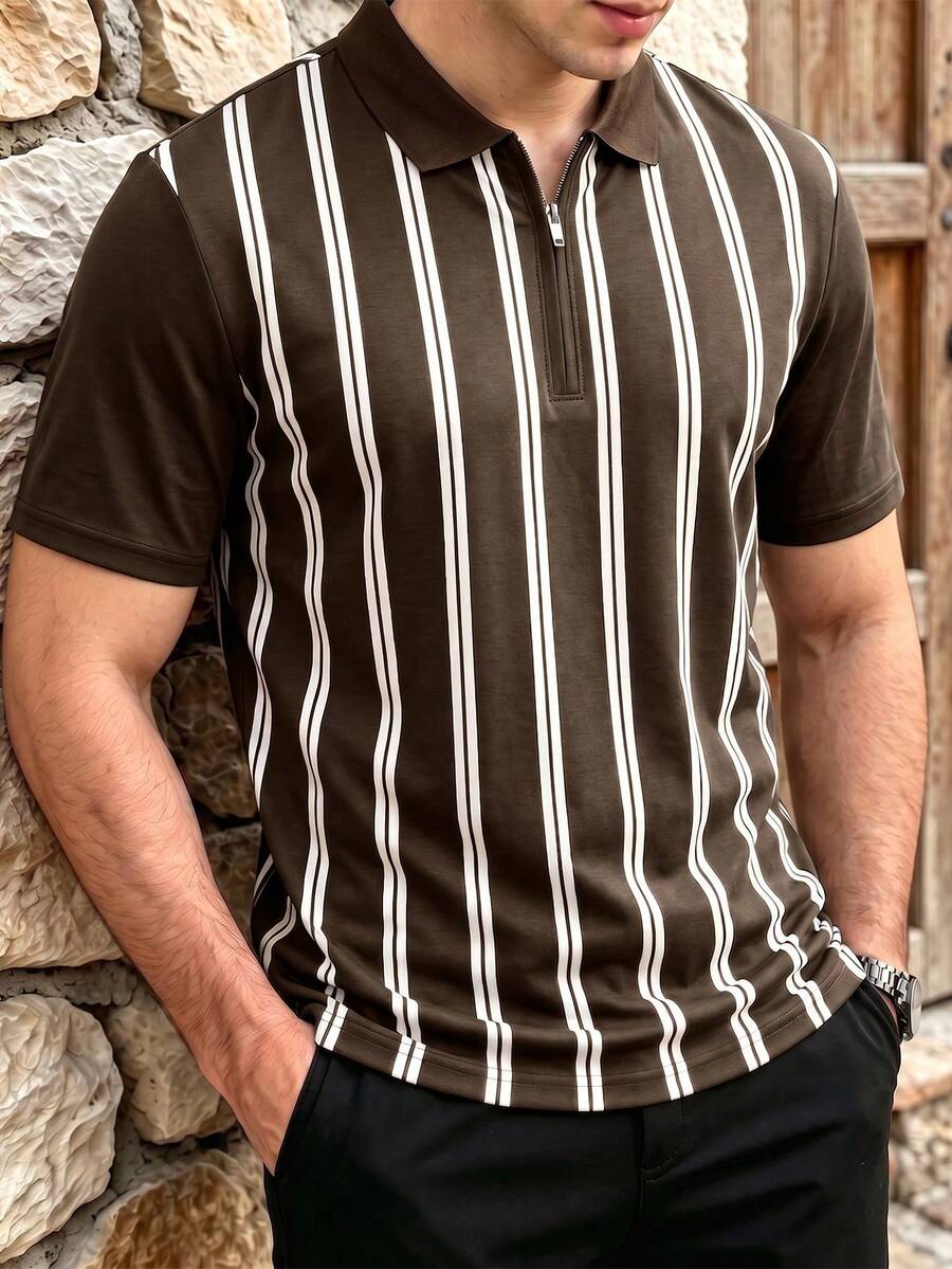 Airaco Men's Old Money Style Brown Striped Colorblock Polo Shirt, Short Sleeve Ribbed Knit Slim Fit Vacation Summer Casual - Multicolor - View 1