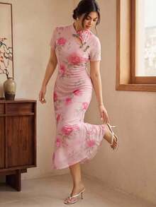 EastFlair Plus Size Summer Elegant Floral Print Dress Wedding Guest Pink - Multicolor - View 5