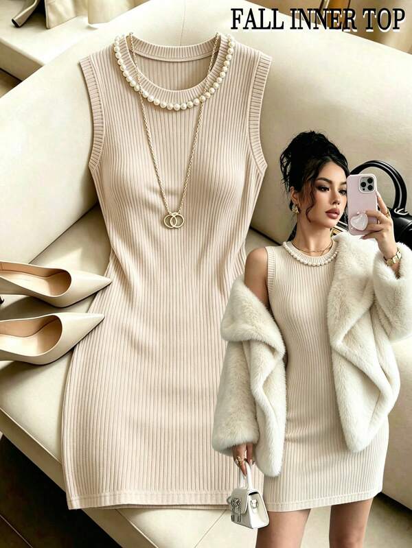 Selianne Vestido ajustado de punto con ribete de perlas elegante color albaricoque, estilo minimalista y sexy, top de tirantes sin mangas elástico y ceñido para mujer