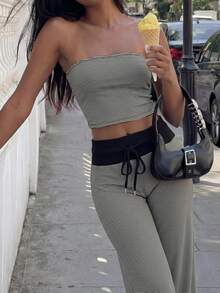 Flirla Women's Set Bandeau Top Casual Streetwear Long Pants Tie Bow Knit Black And White Striped Travel Summer Brunch - Black - View 4