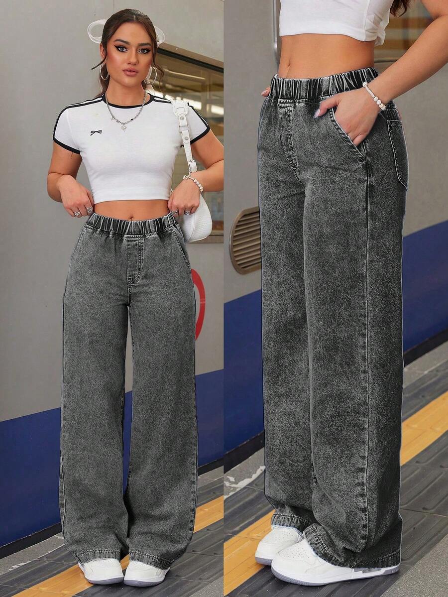 SHEIN ICON 時尚淺藍色水洗寬鬆寬腿牛仔褲 女款大尺碼 - 深灰色 - 查看 1