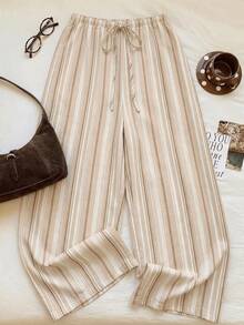 SHEIN EZwear 女款休閒腰部綁帶直筒長褲，適合夏季 - 杏色 - 查看 7