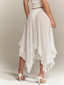 Denimoi Falda Semitransparente Fluida con Dobladillo Asimétrico y Ribete de Encaje Sexy Faldas Euro Verano Vacaciones GNO - Blanco - Ver 7