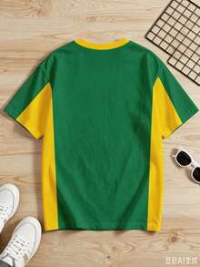 SHEIN [1件]青少年男孩 世界盃足球巴西風 黃綠配色 BRASIL 印花短袖T恤 休閒運動風 夏季/春秋款 - 彩色 - 查看 2