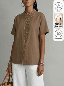 Isle Nomé Women's Spring/Summer Casual Asymmetric Placket Short Sleeve Loose Fit Versatile Shirt For Commute Vacation, Home And Daily Wear Coffee Brown - Brown - View 5