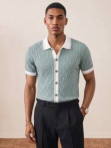 Manfinity Homme Men's Contrast Trim Button Front Knit Polo Shirt,Short Sleeve Knitted Sweater Shirt,Mint Green Dusty Blue Summer Casual Vacation Holiday Outfit - Multicolor - View 3