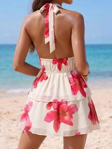Swim Vcay Women's Elegant Sexy Halter Neck Backless Top And Short Skirt Set, Suitable For Dates, Vacation And Outings Summer - Multicolor - View 2