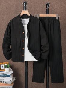 SHEIN 2件組兒童/青少年男孩休閒日常舒適立領開襟寬鬆長袖襯衫與直筒寬鬆長褲套裝 亞麻材質男孩套裝 適合生日派對、晚宴、表演、婚禮、洗禮、開學典禮、日常穿著、上學、旅行、運動，適合春夏穿搭 - 黑色 - 查看 7