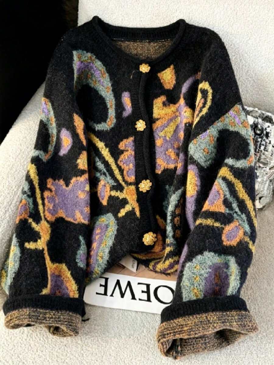 EMERY ROSE 2025 Plus Size Women's Fashionable Casual Minimalist Versatile Multi-Colour Fair Isle Pattern Gemstone Floral Button Small Round Neck Knitted Cardigan - Black - View 1