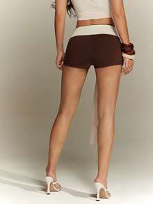 Denimoi Belted Mini Sexy Shorts Euro Summer Vacation Ibiza Fashion Shorts Color Block Two Tone Shorts - Brown - View 10