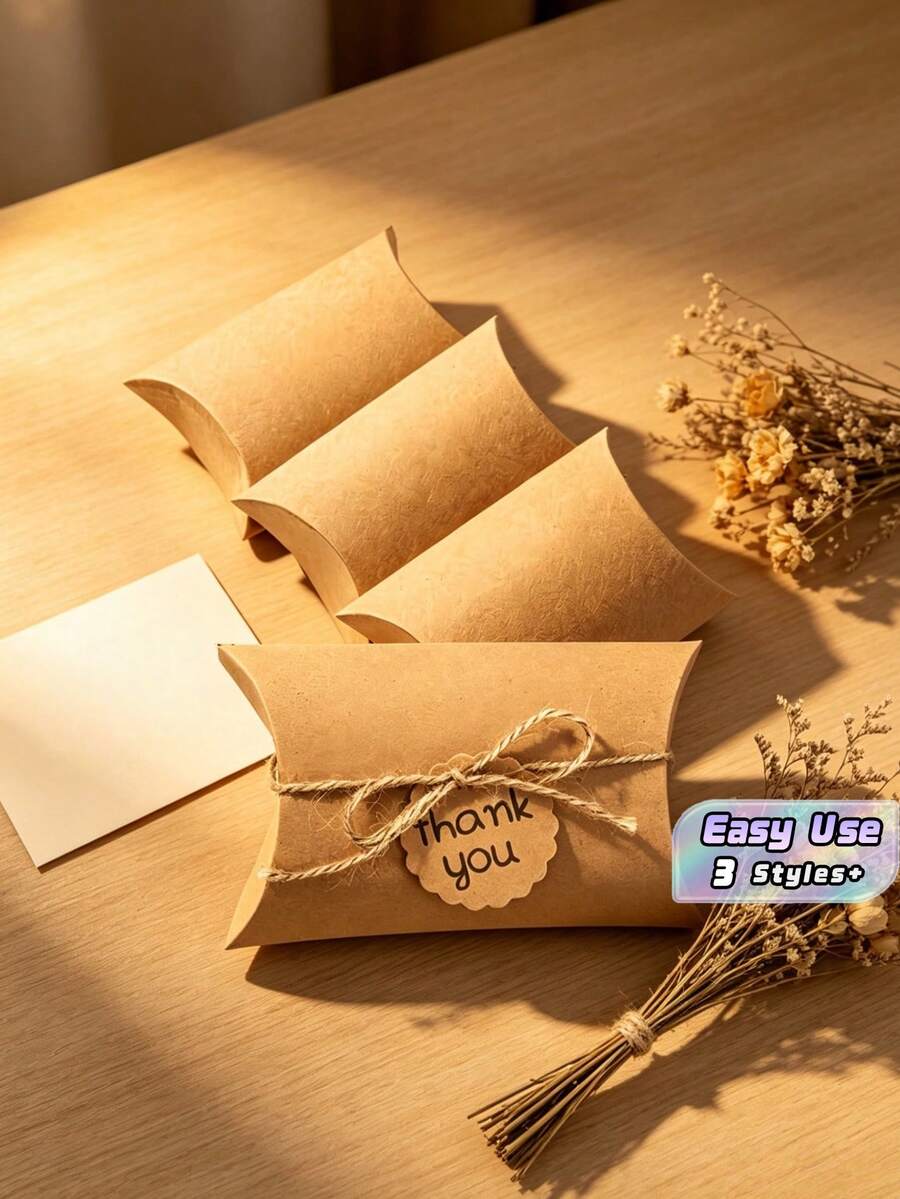 50pcs Kraft Paper Pillow Candy Boxes Foldable Gift Box With 20m Jute Rope Jewelry Holder Wedding Birthday Holiday Party - Multicolor - View 1