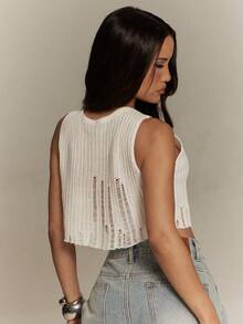 Denimoi Women's Spring/Summer Solid Color Sexy Cropped Sleeveless Crochet Knit Sweater Top - White - View 11