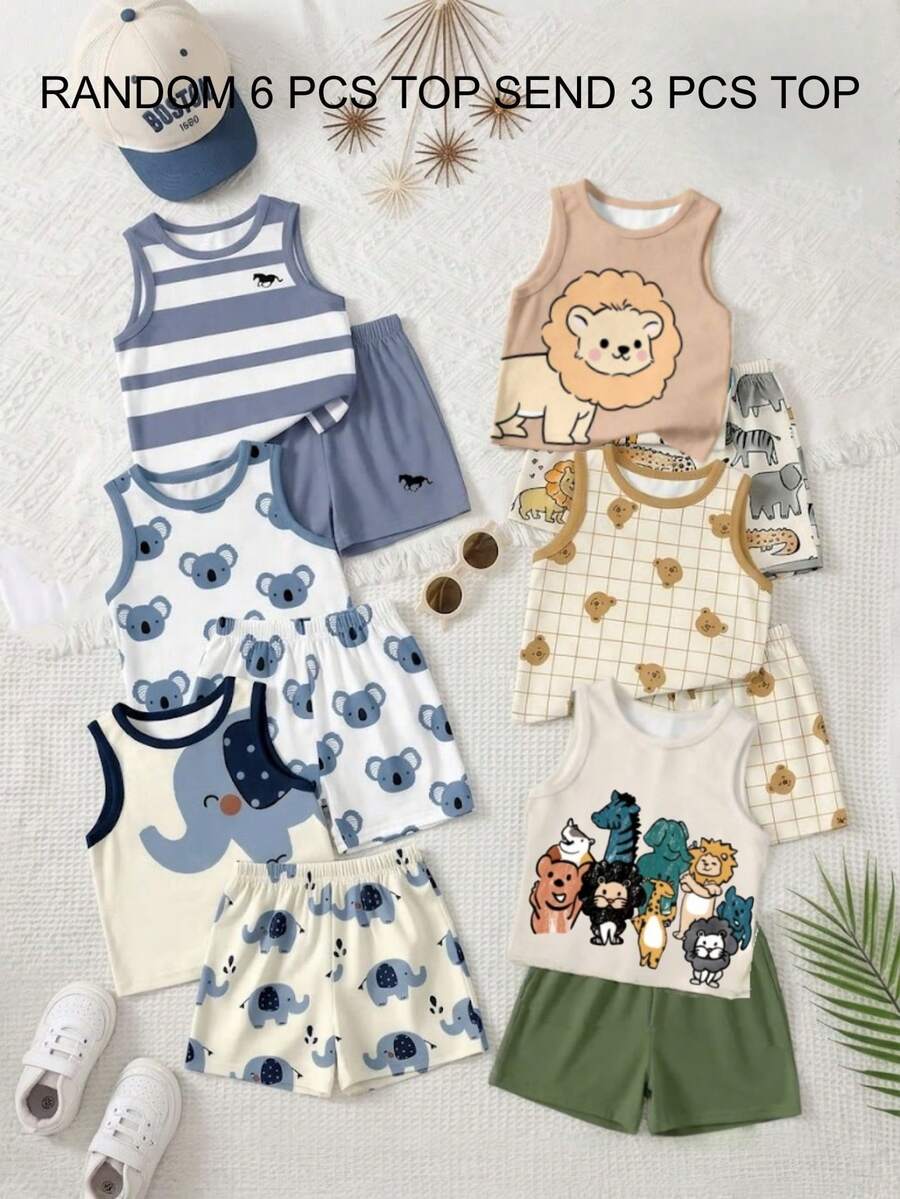 SHEIN 3件組男嬰新款時尚舒適可愛卡通動物印花背心,條紋印花設計,春夏風格,適合日常穿著、返校、戶外活動、派對、度假、街拍、校園生活、節慶、禮物 - 彩色 - 查看 1