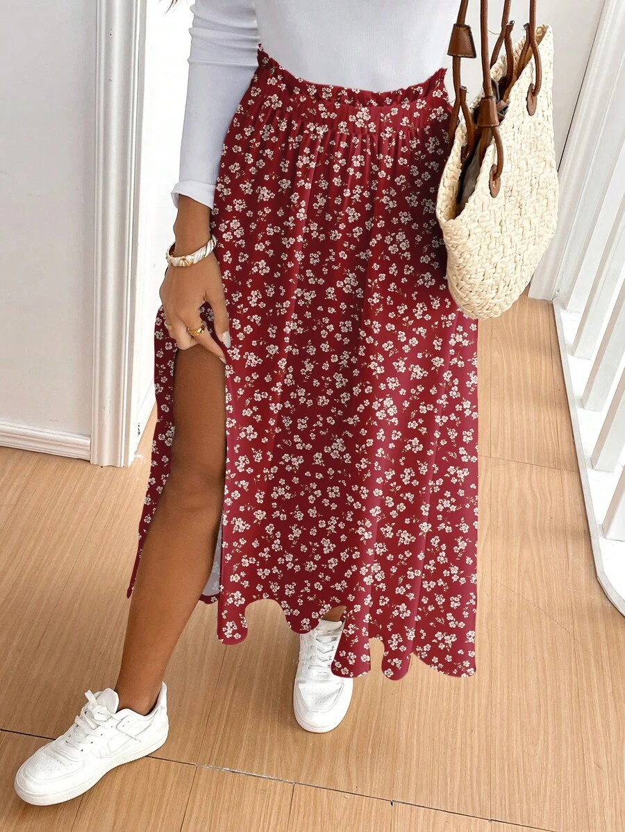 SHEIN Frenchy 女款休閒度假高開衩喇叭裙擺裙,適合夏季、度假、海灘、街頭穿搭,適用於日常通勤、約會、派對、秋冬、夏季、聖誕節、新年、感恩節、派對、婚禮、海灘、畢業典禮,優雅休閒外出穿搭 - 彩色 - 查看 1