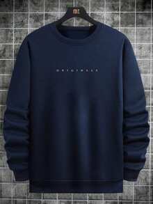 Manfinity Homme Men's Royal Blue Pullover Sweatshirt With Rib-Knit Details Long Regular Sleeves And Round Neck Letter Pattern Navy Blue Sweatshirt - Royal Blue - View 4